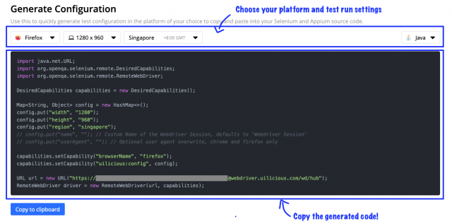 Use the Webdriver Configuration Generator to quickly generate the configuration code for your test.