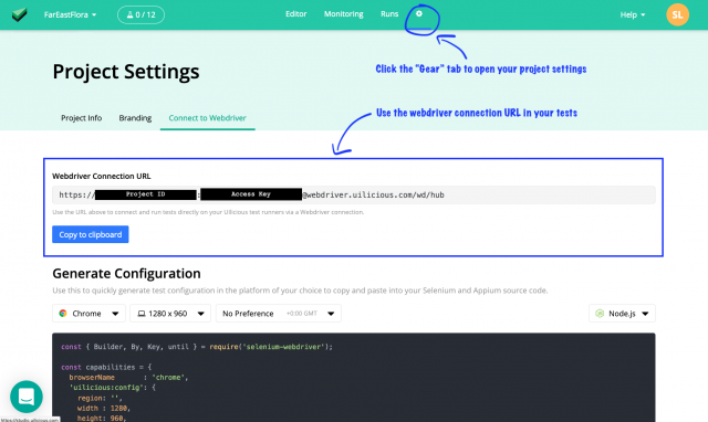 Go to the Project Settings page to get your UIlicious Webdriver Connection URL
