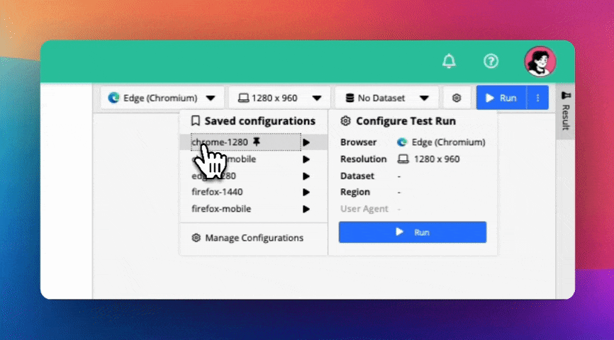 Saved Test Run Configuration Menu